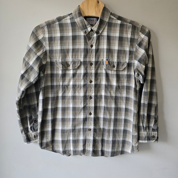 Carhartt Mens Relaxed Fit Plaid Long Sleeve Button Up Shirt XL Tan Brown - Picture 2 of 9